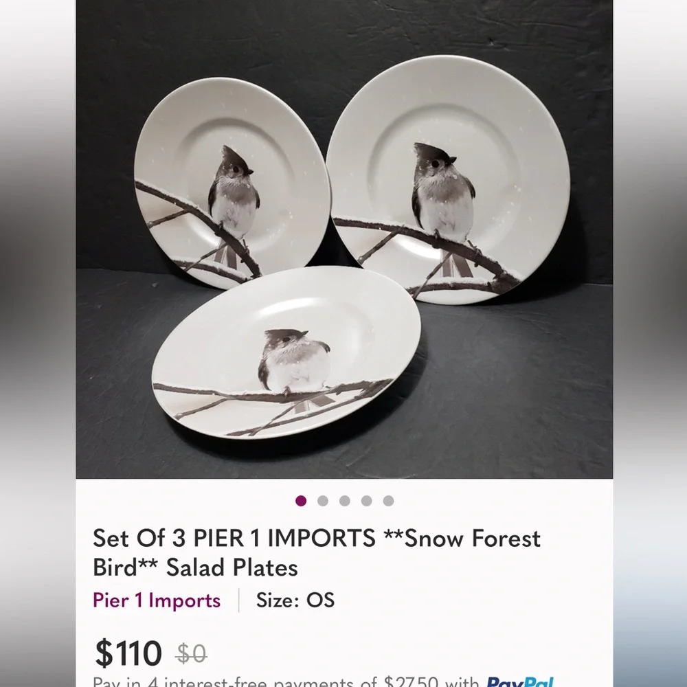 Pier 1, Snowy Tufted Titmouse on Branch. Salad Plate is 8.5” wide.